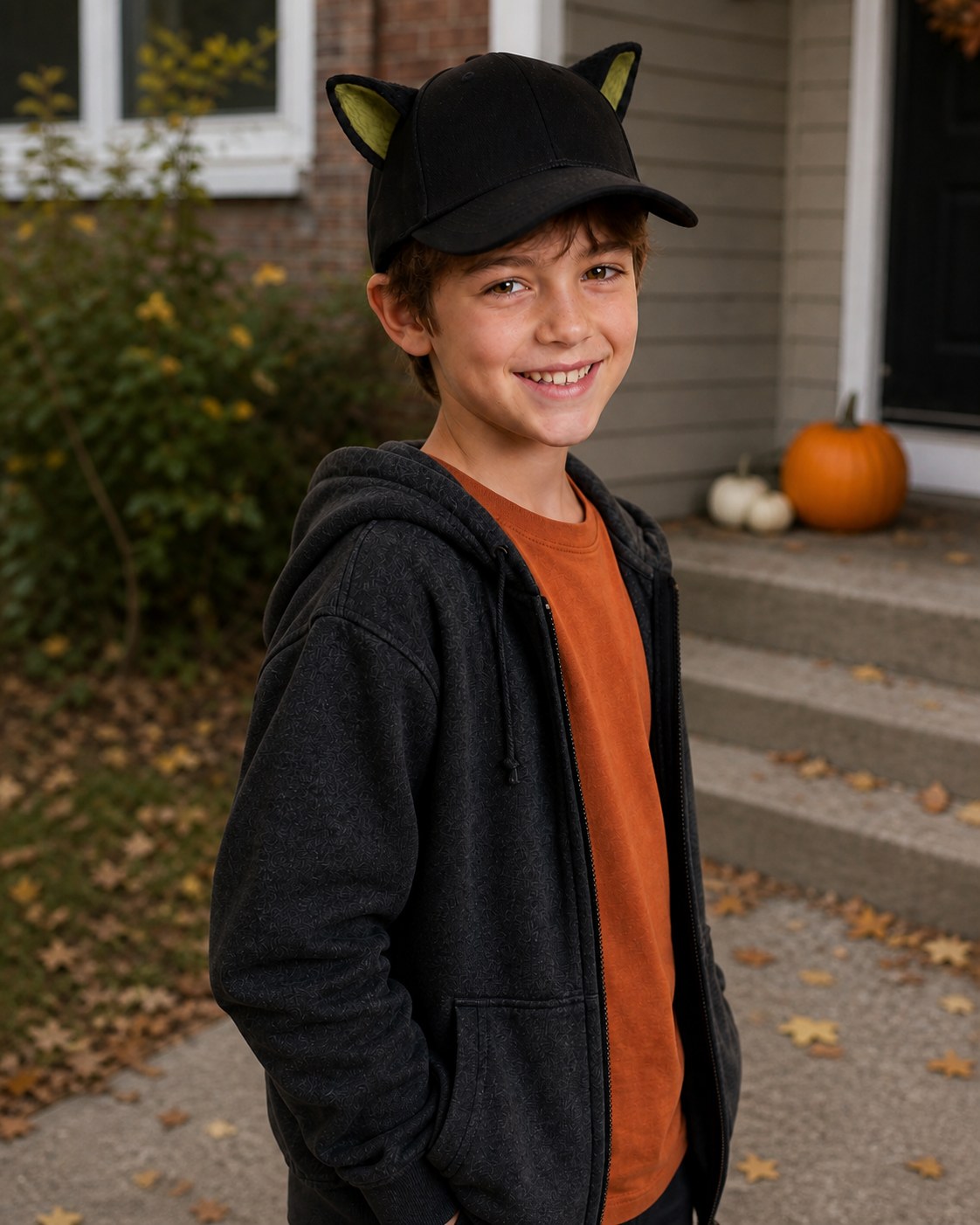 Three-quarter view of a child wearing the black animal-ear baseball cap with olive inner ears