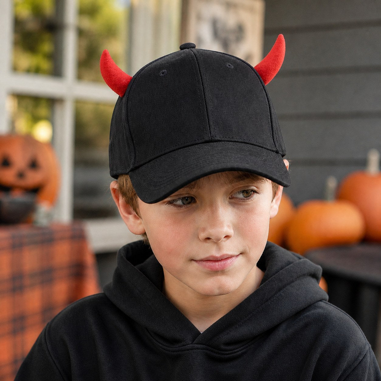 Child wearing a black devil horn baseball cap on a Halloween porch