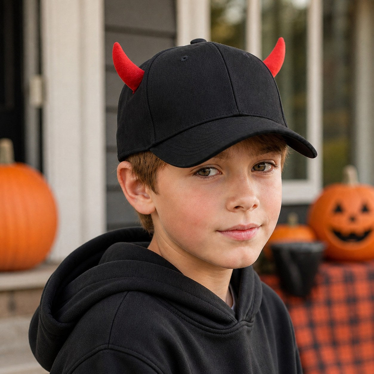 Three-quarter view of a child wearing a black devil horn baseball cap