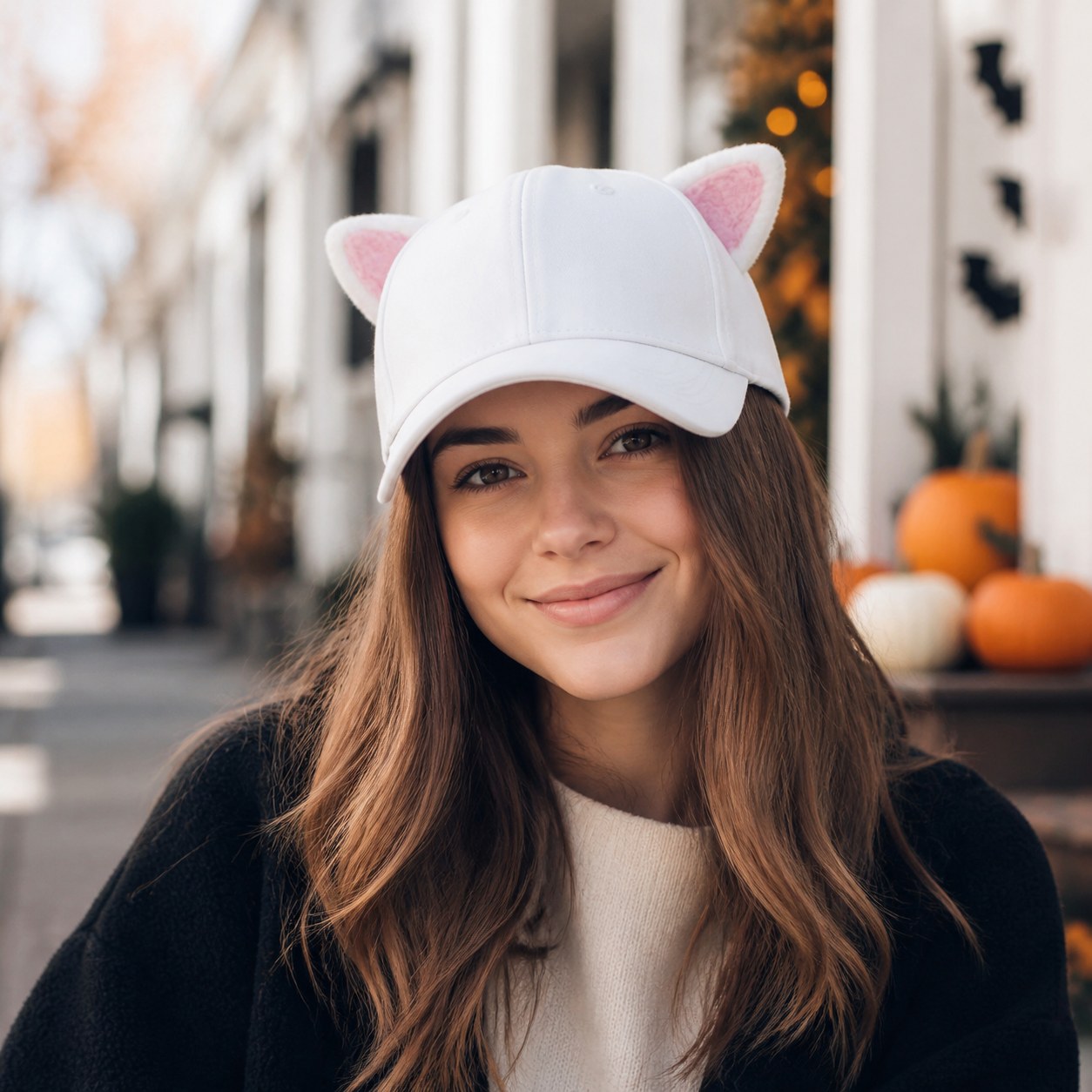 Model wearing a white cat ear baseball cap for a light Halloween outfit
