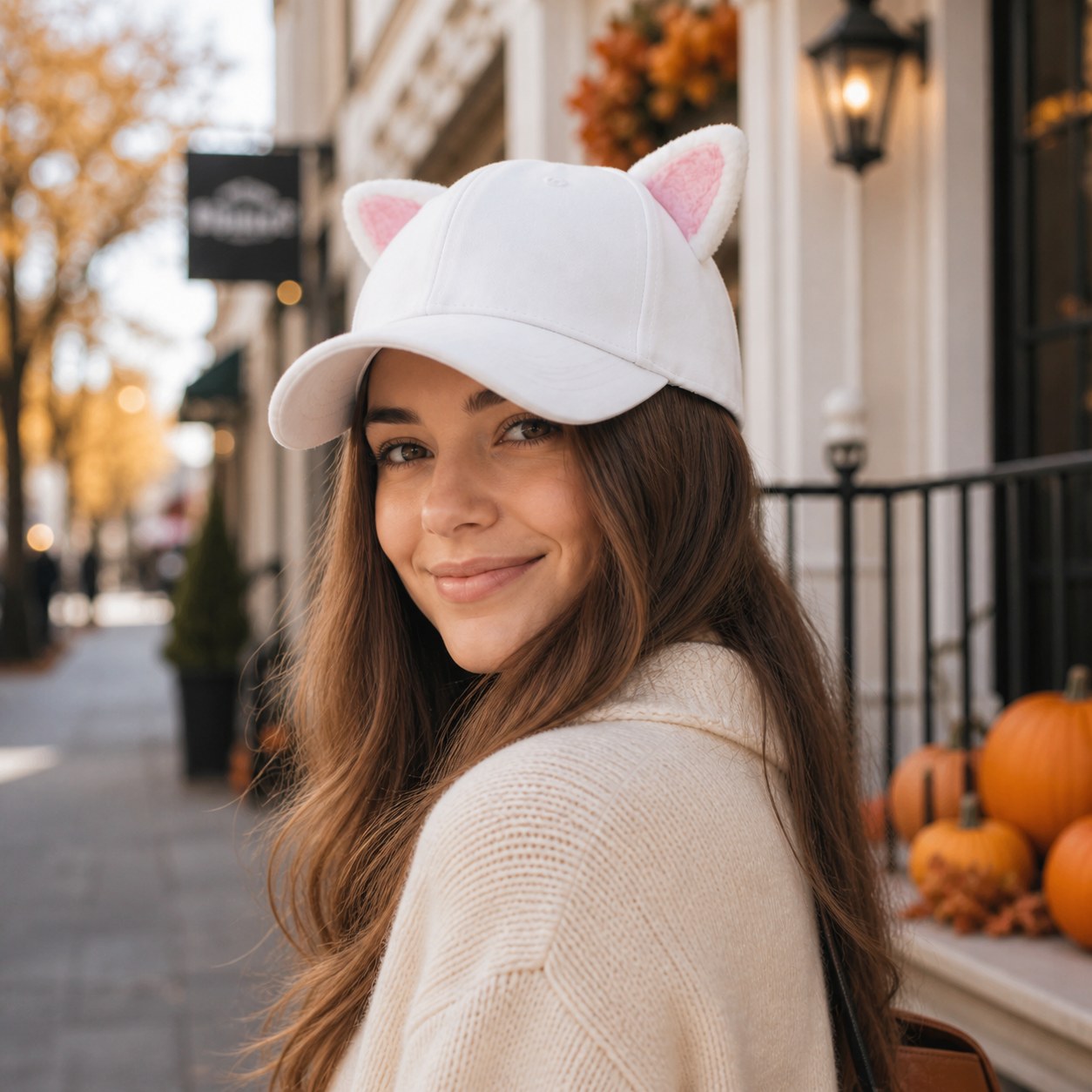 Three-quarter view of a model wearing a white cat ear baseball cap