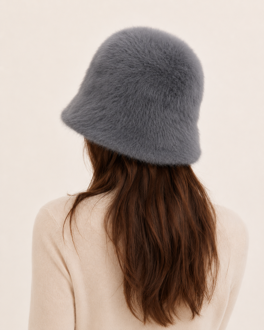 Smoke grey rabbit-hair blend bucket hat on a woman, back three-quarter view