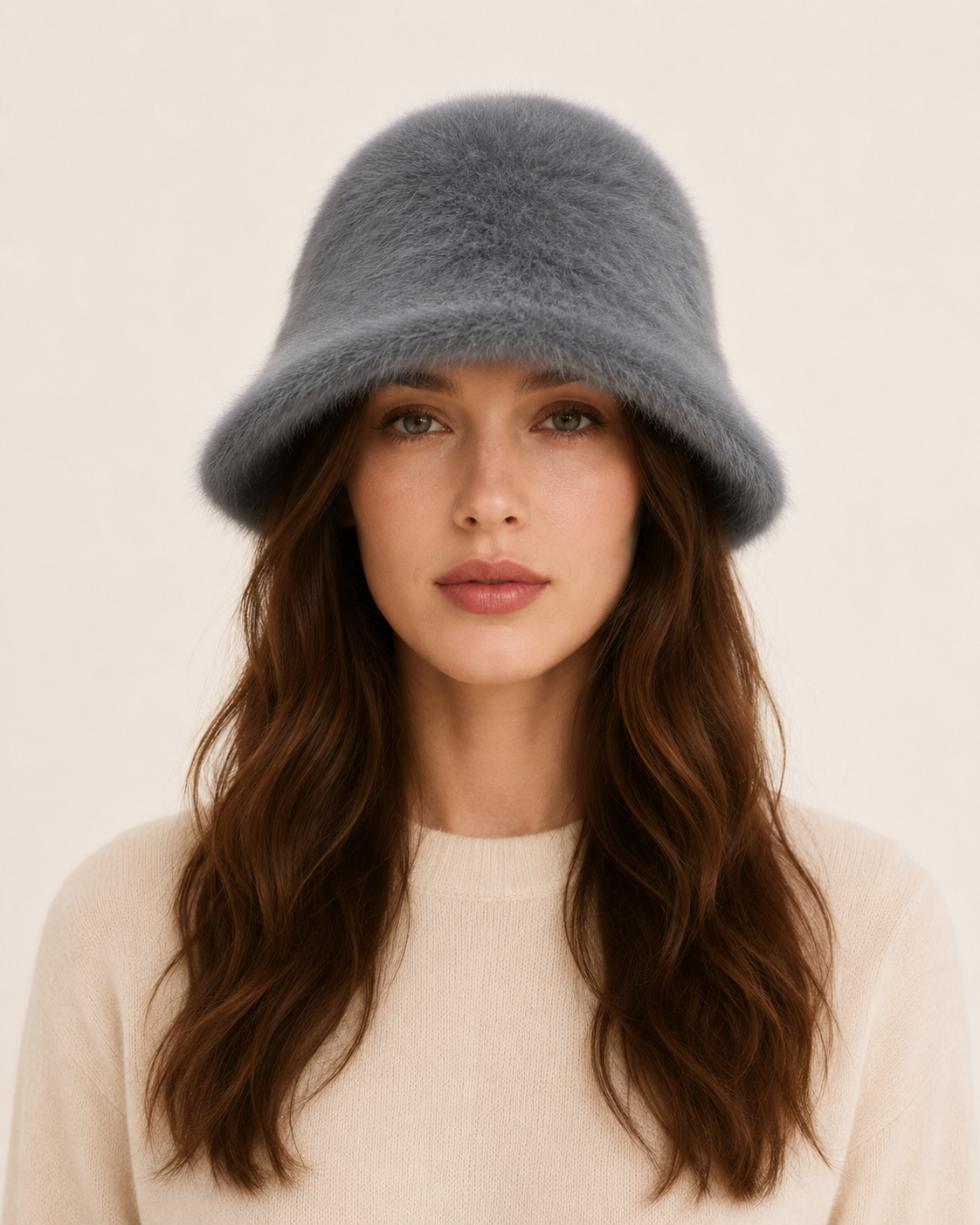Woman wearing a smoke grey satin-lined rabbit-hair blend bucket hat, front view