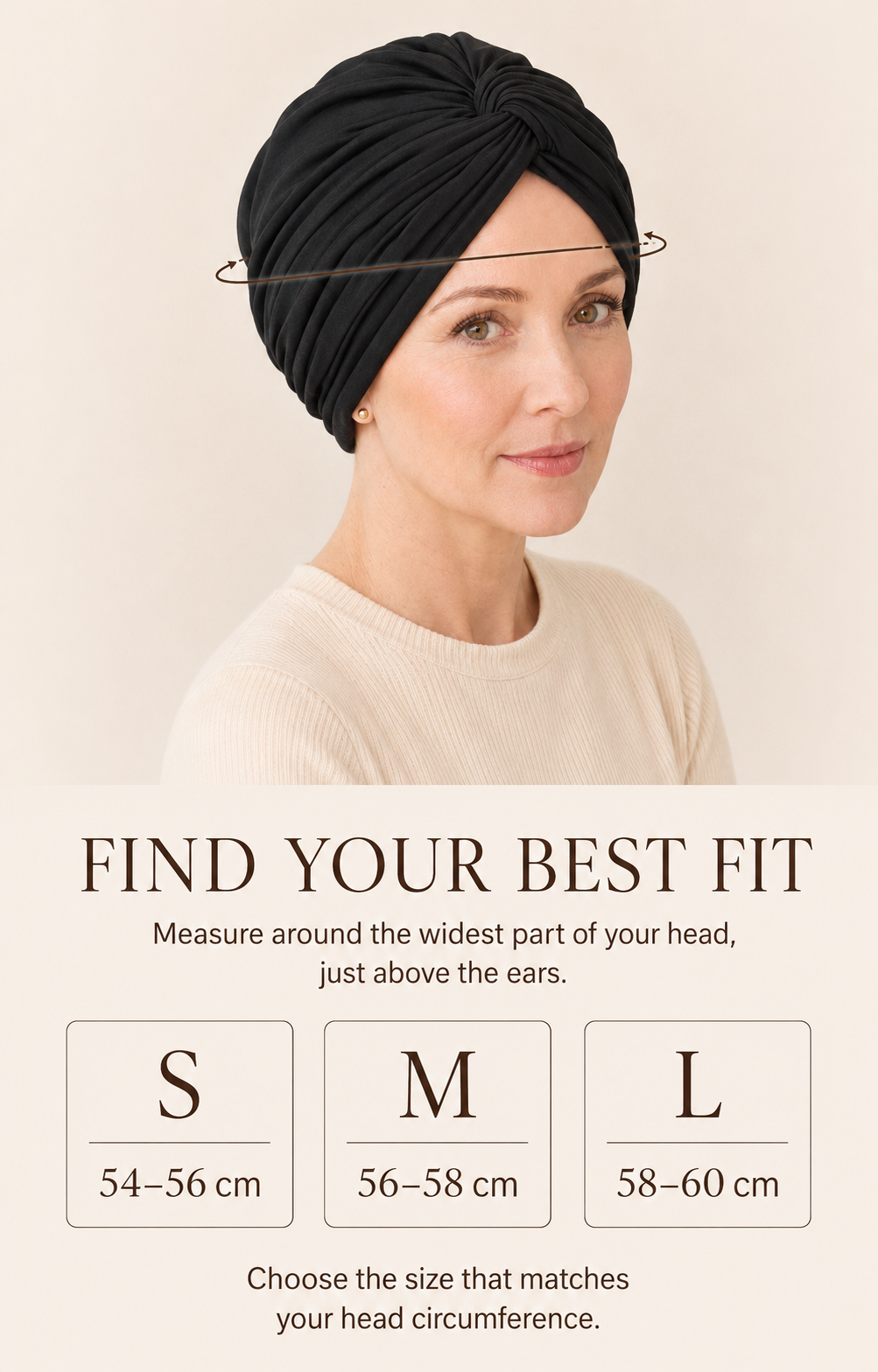 Turban head wrap size guide for S 54 to 56 cm, M 56 to 58 cm and L 58 to 60 cm