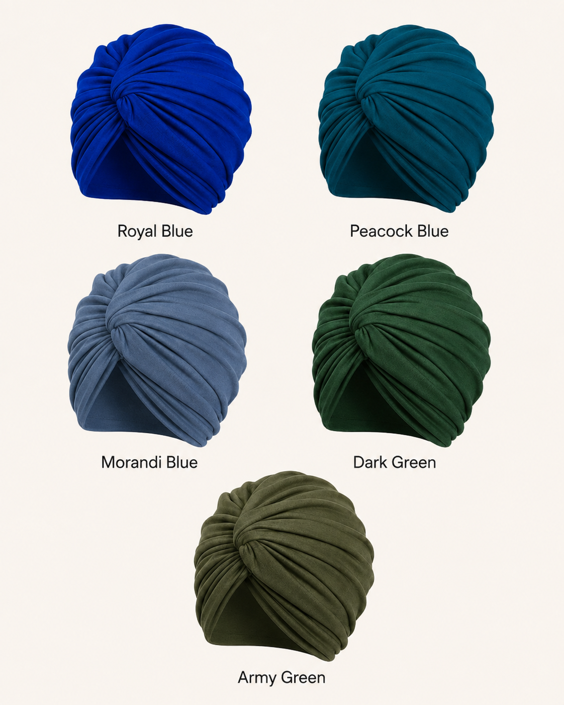 Solid modal cotton turban colors: royal blue, peacock blue, Morandi blue, dark green and army green