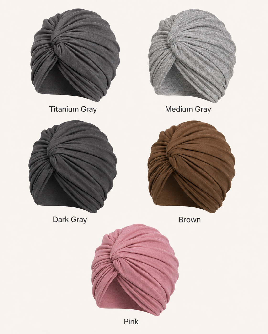 Solid modal cotton turban colors: titanium gray, medium gray, dark gray, brown and pink