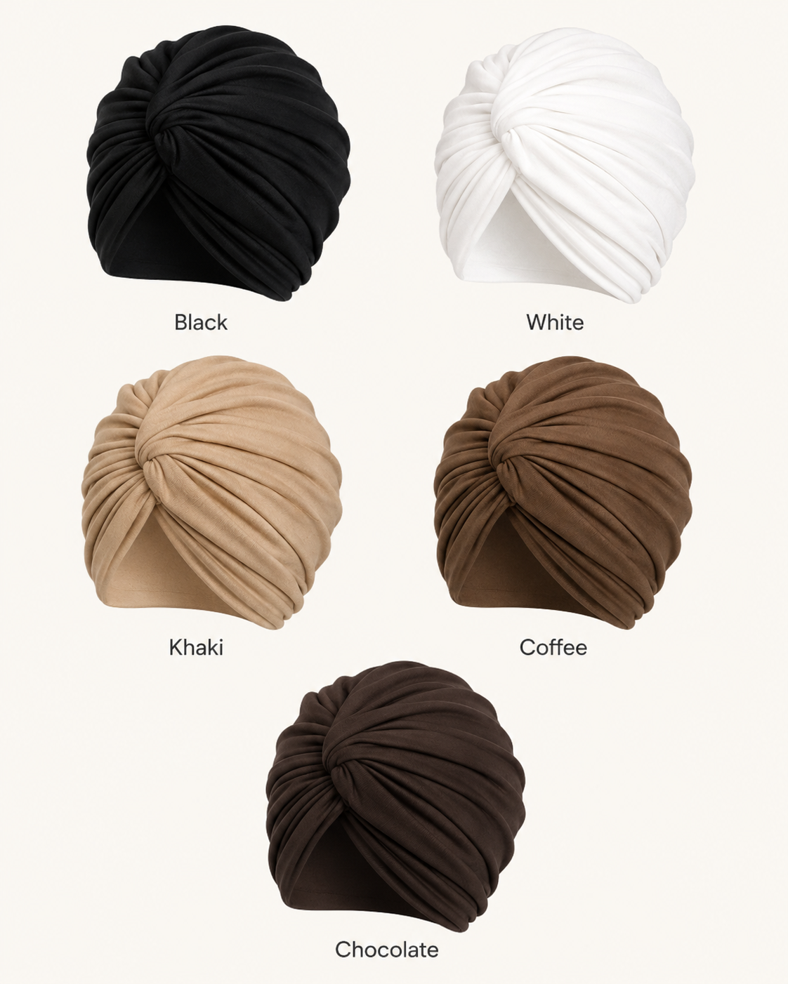 Solid modal cotton turban colors: black, white, khaki, coffee and chocolate