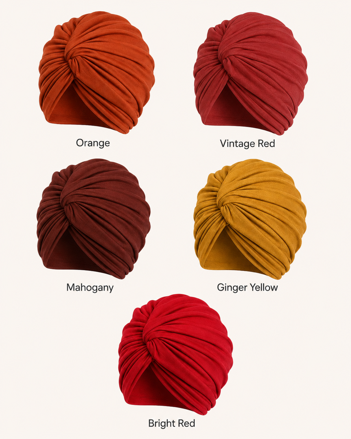 Solid modal cotton turban colors: orange, vintage red, mahogany, ginger yellow and bright red