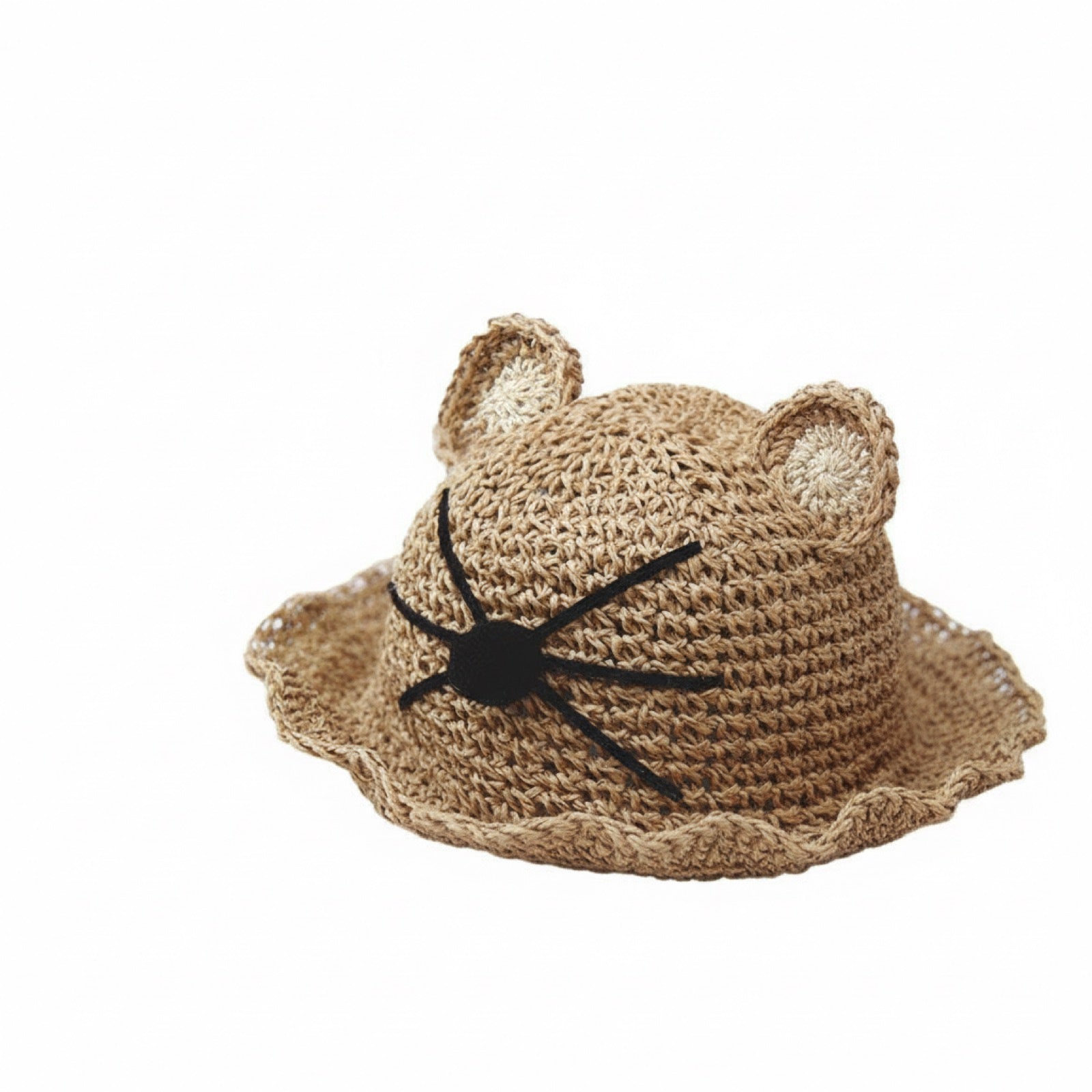 Cat Bear Ear Straw Hat - Animal ear design with whisker detail on white background