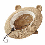 Cat Bear Ear Straw Hat - Interior view showing cotton lining and adjustable chin strap