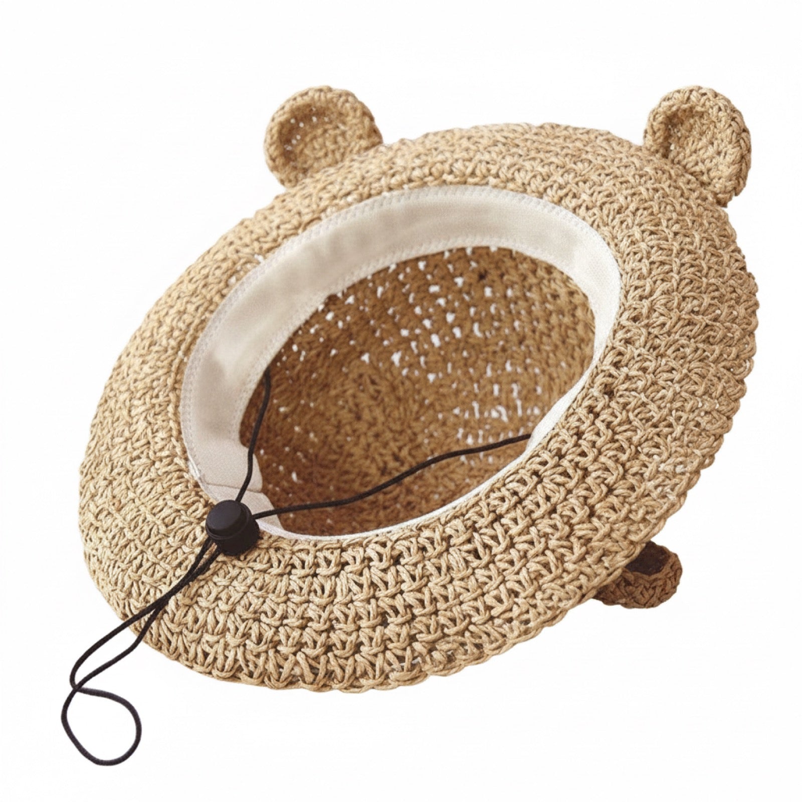 Cat Bear Ear Straw Hat - Interior view showing cotton lining and adjustable chin strap