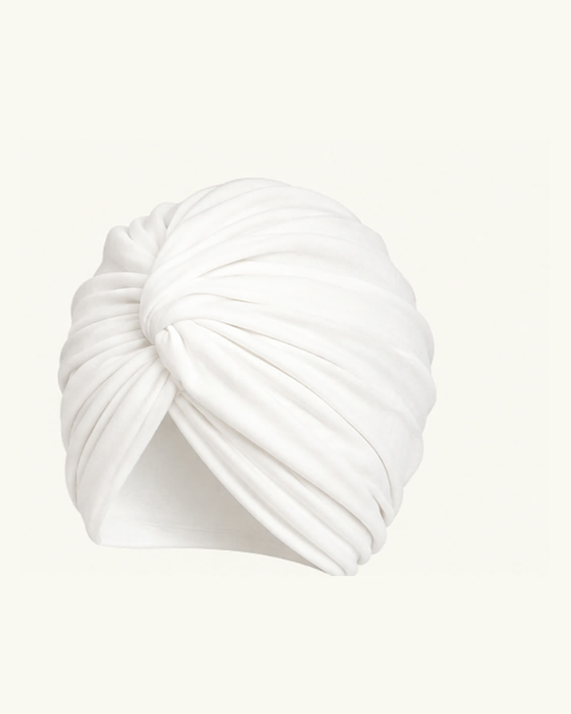 White modal cotton knot turban head wrap on an off-white background