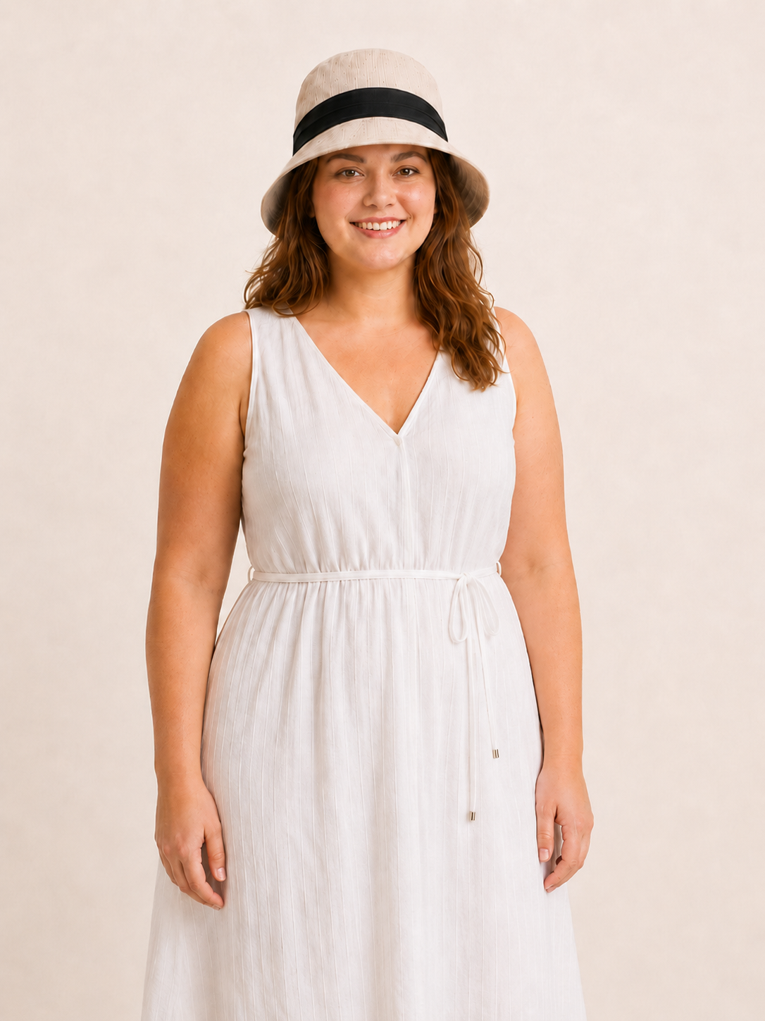 Woman wearing cotton linen wide-brim bow bucket hat, UPF 50+ sun hat for women