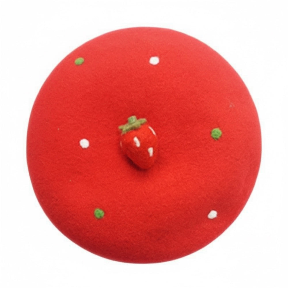 Handmade Strawberry Wool Beret - red wool beret with strawberry decoration, top view on white background