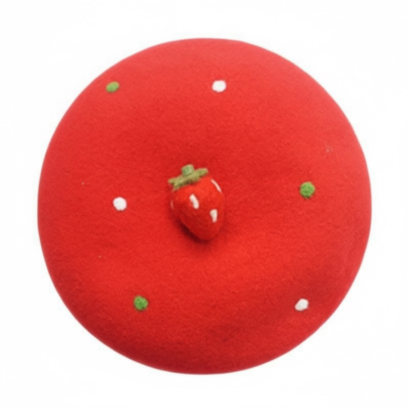 Handmade Strawberry Wool Beret - red wool beret with strawberry decoration, top view on white background