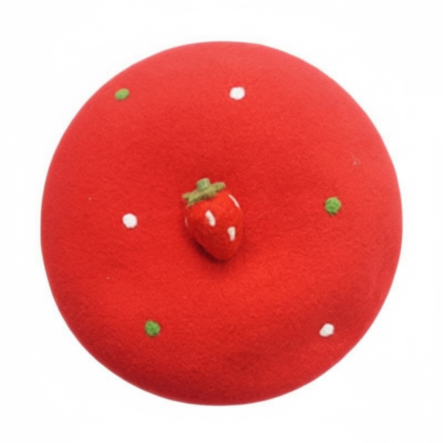Handmade Strawberry Wool Beret - red wool beret with strawberry decoration, top view on white background
