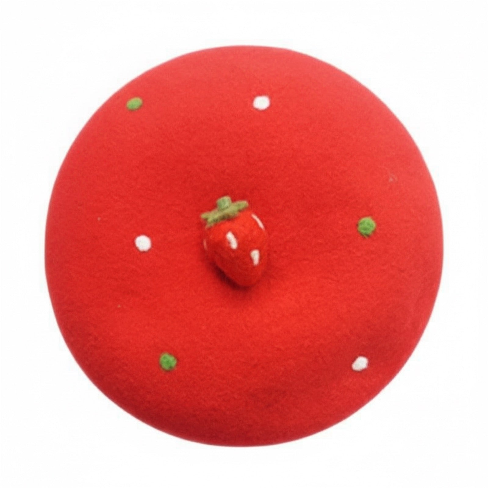 Handmade Strawberry Wool Beret - red wool beret with strawberry decoration, top view on white background