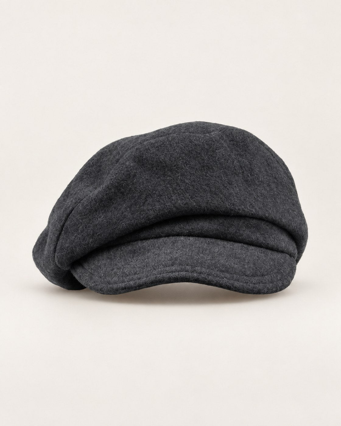 Dark gray 100% wool 5-way cap, product-only front view on a clean light background