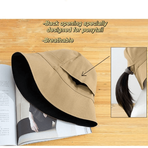 Reversible Two Way Pony Tail Bucket Hat.