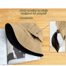Load image into Gallery viewer, Reversible Two Way Pony Tail Bucket Hat.