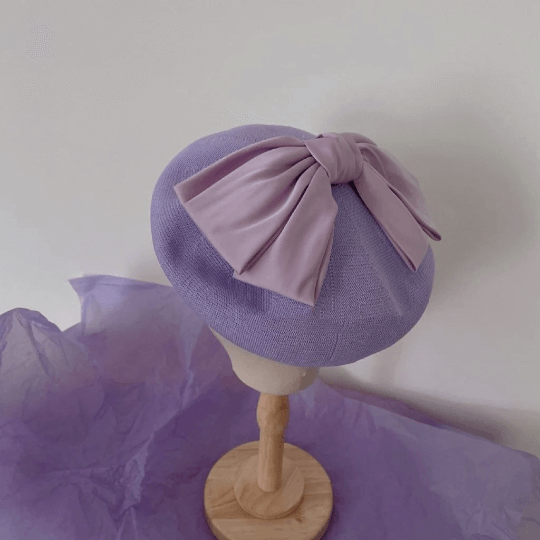 Handmade Solid Colour Beret Hat with Breathable Material with Bow Tie.