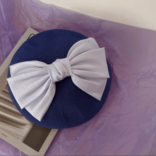 Handmade Solid Colour Beret Hat with Breathable Material with Bow Tie.