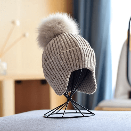 2 Way Knitted Beanie with Removable Pom Pom for Women.
