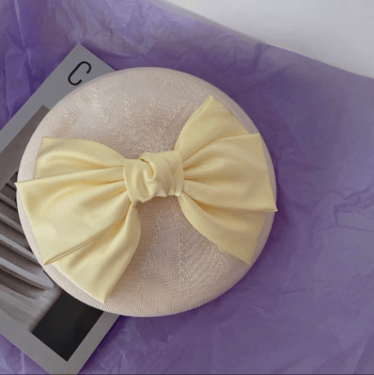Handmade Solid Colour Beret Hat with Breathable Material with Bow Tie.