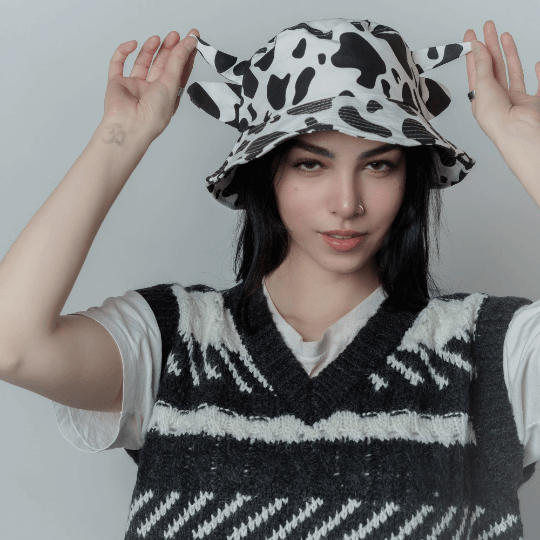 Cow print bucket hat.
