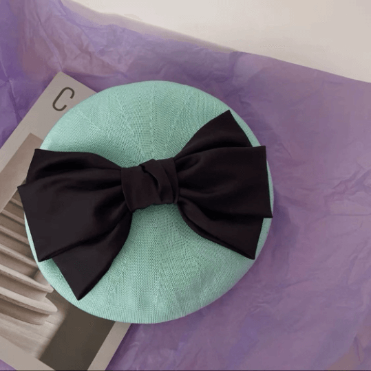 Handmade Solid Colour Beret Hat with Breathable Material with Bow Tie.