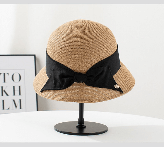 Straw Hat with Bow Tie – Black