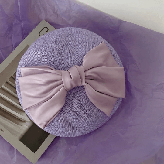 Handmade Solid Colour Beret Hat with Breathable Material with Bow Tie.