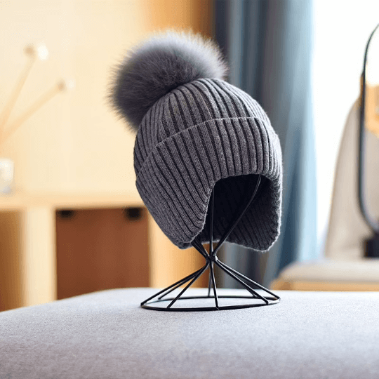 2 Way Knitted Beanie with Removable Pom Pom for Women.