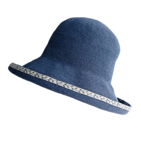 Embroidered Brim Straw Hat - Blue on White Background