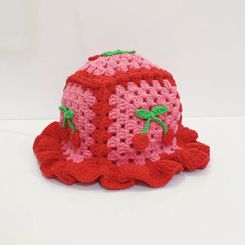 Cute Knitted Artsy Cherry Flower Hat.