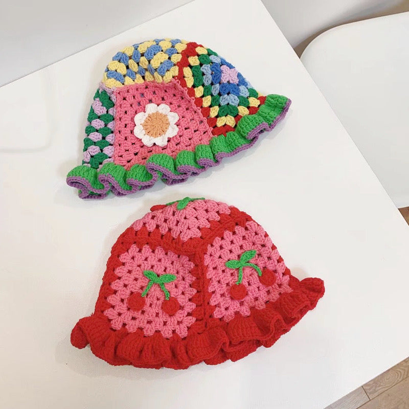 Cute Knitted Artsy Cherry Flower Hat.