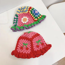 Load image into Gallery viewer, Cute Knitted Artsy Cherry Flower Hat.