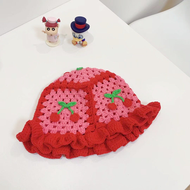 Cute Knitted Artsy Cherry Flower Hat.