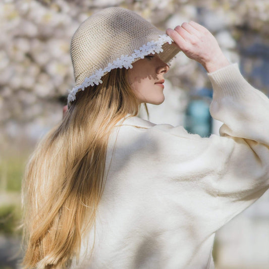 Bucket Straw Hat with Floral Lace for Women and Girls.