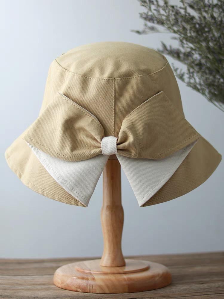 Sun Beach Bucket Sun Hat with Bow Tie for Women, Beige w/ Camel Bow