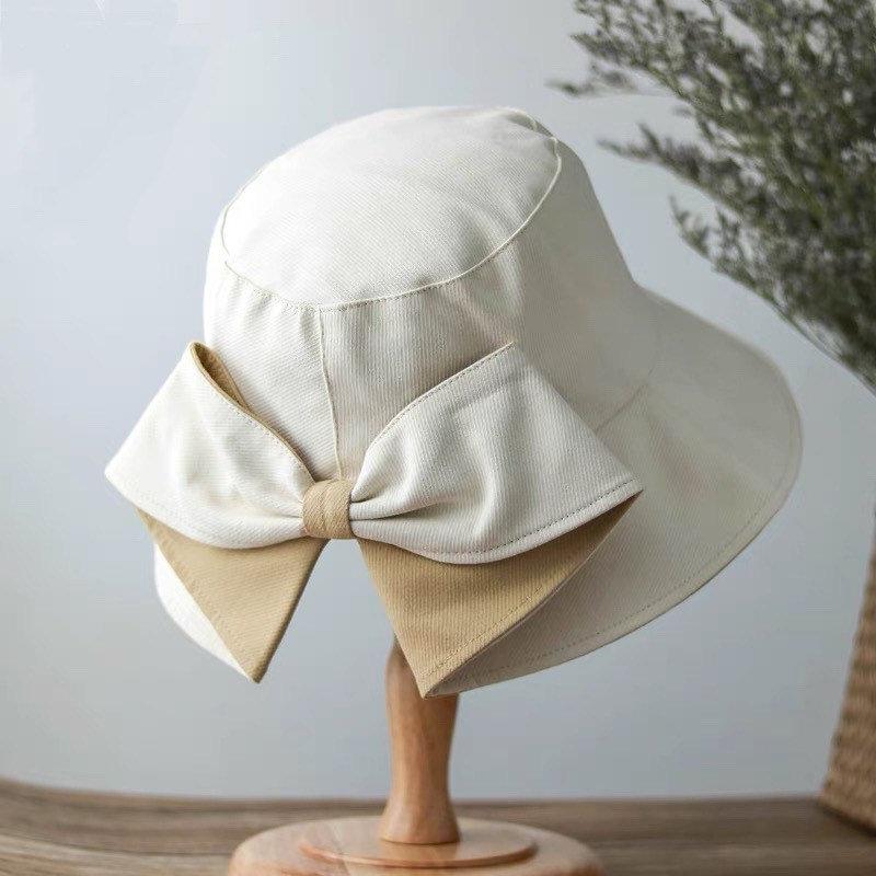 Beach Sun Hat with Bow for Women – Beige w/ Camel Bow