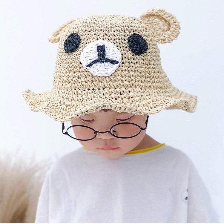 Cat/ Bear Straw Hat for Women Girl Kid Toddler Beige Bear / M(Adult)