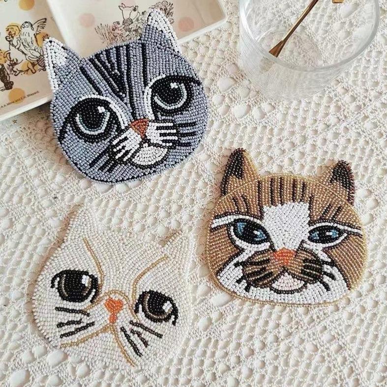 Handmade Cat Coaster with Beads.