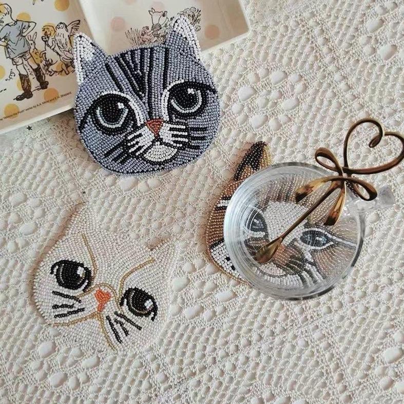 Handmade Cat Coaster with Beads.