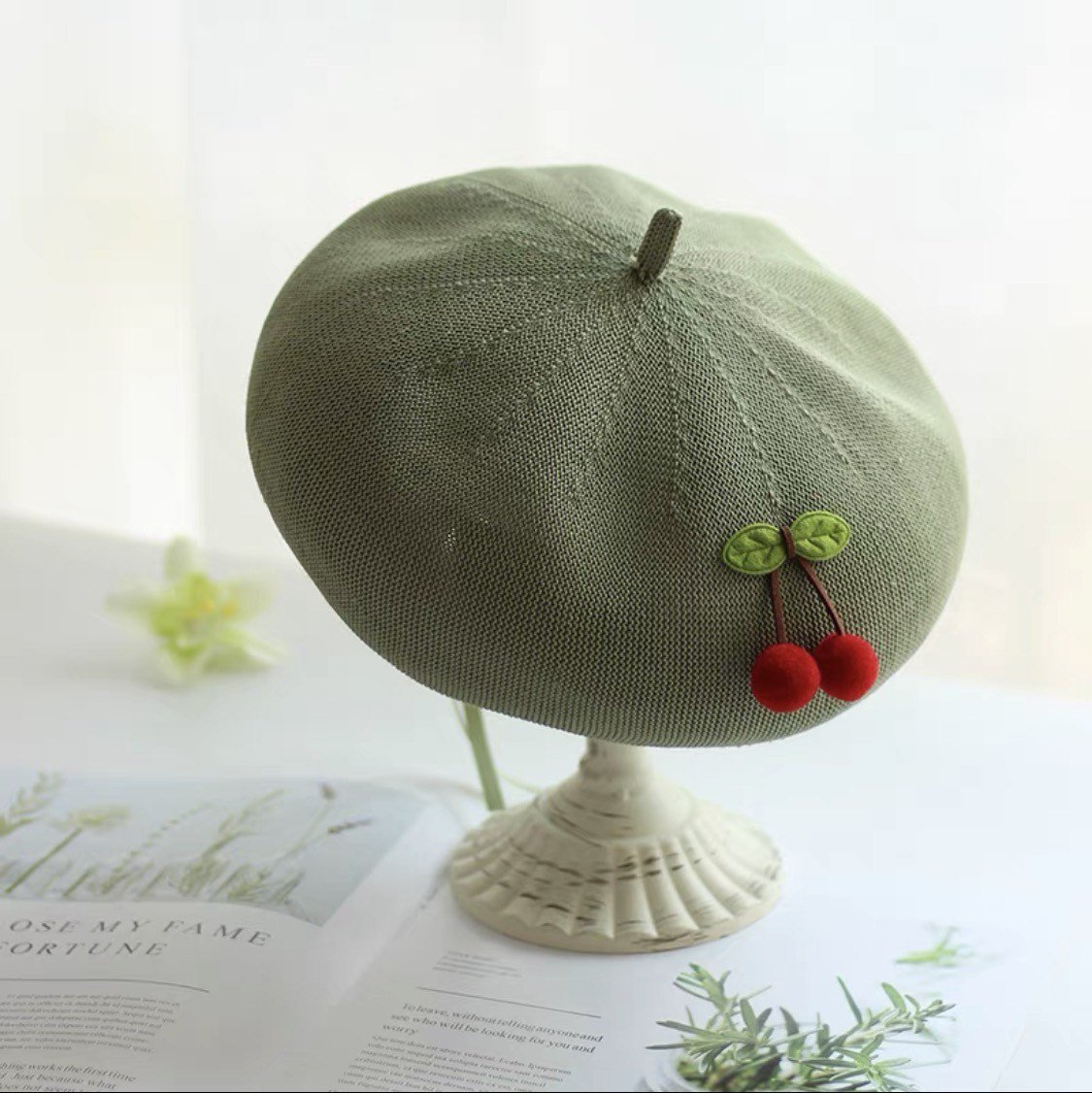 Cherry Beret Hat for Women and Girls.