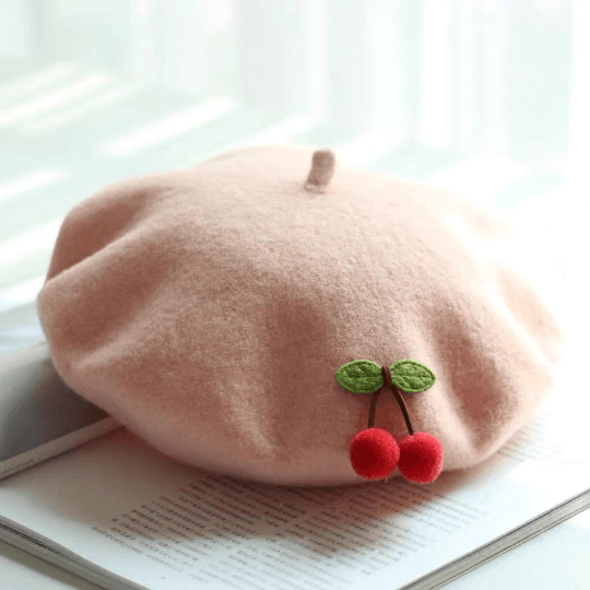 Cherry Wool Beret Hat for Women and Kids.