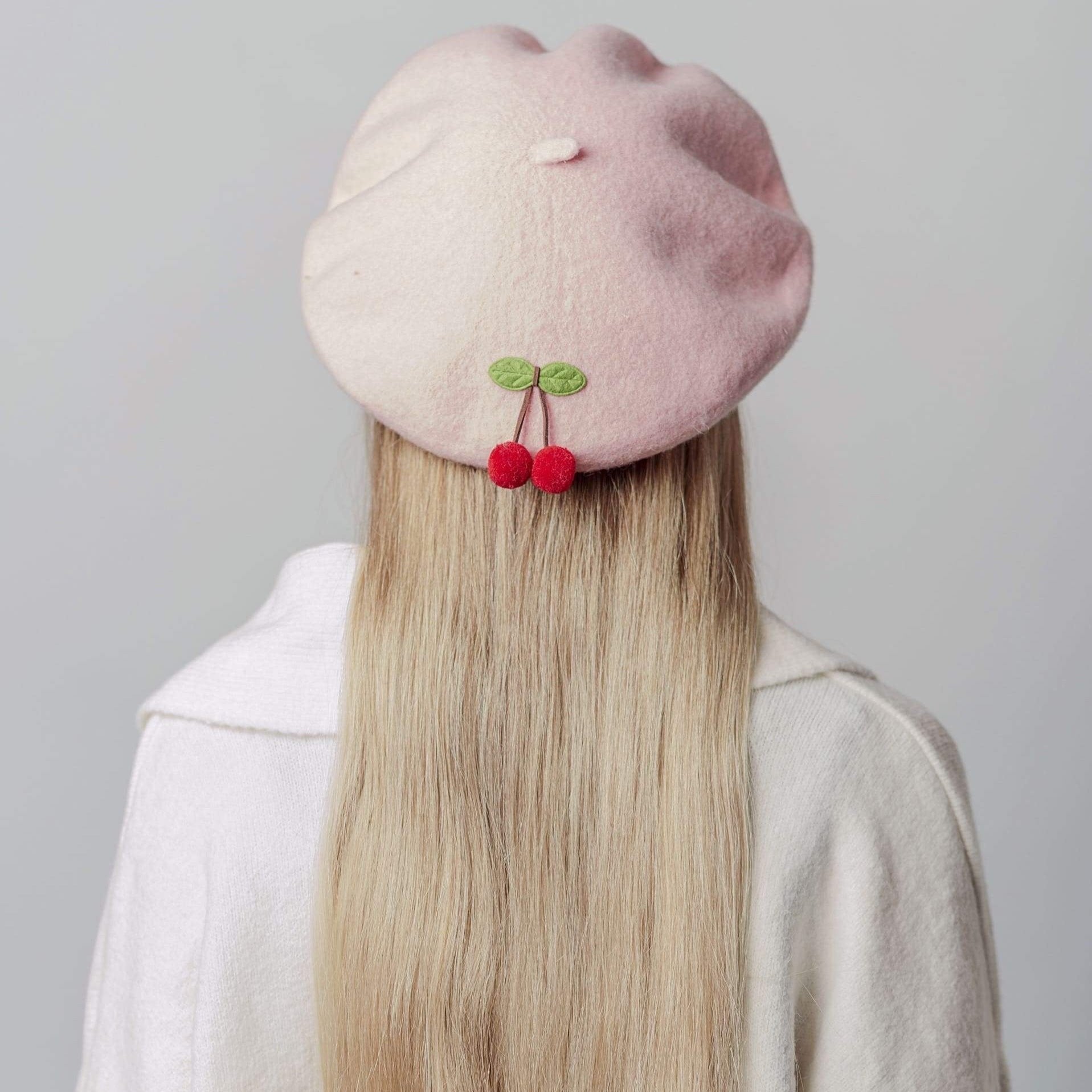 Cherry Wool Beret Hat for Women and Kids.