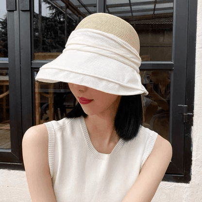 Straw Hat with linen brim for Women.