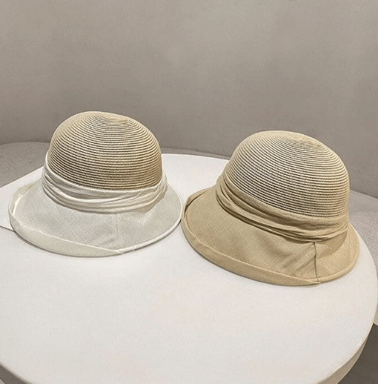 Straw Hat with linen brim for Women.