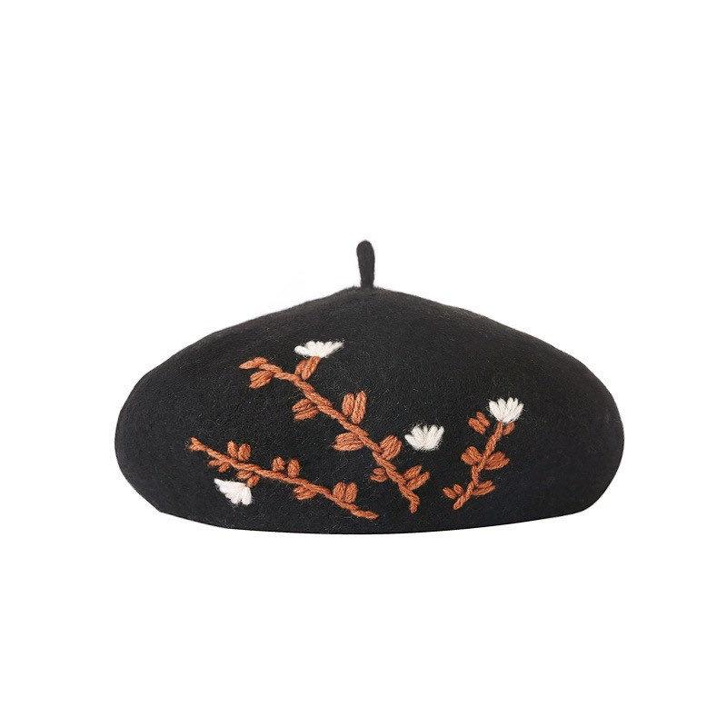 Wool French Beret - Embroidered – Black